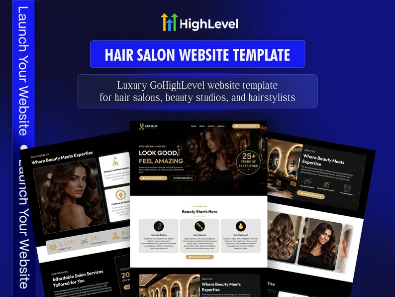 Hair Salon GoHighLevel Website Template, Luxury Dark Gold Beauty Studio Booking Site