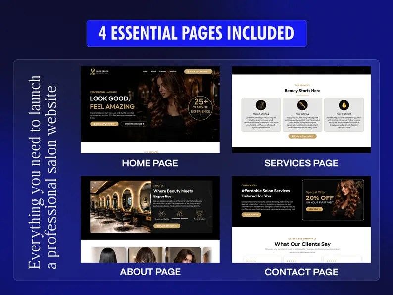 Hair Salon GoHighLevel Website Template, Luxury Dark Gold Beauty Studio Booking Site