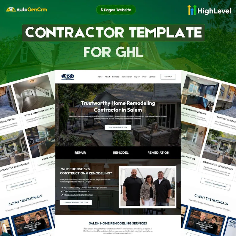 Home Remodeling GoHighLevel Template, GHL Contractor Website, Kitchen Bath Renovation, Repair Services