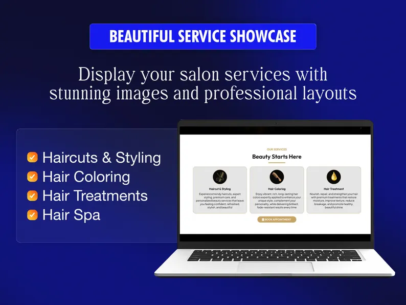 Hair Salon GoHighLevel Website Template, Luxury Dark Gold Beauty Studio Booking Site