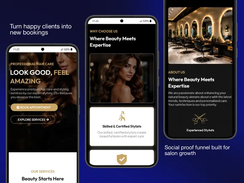 Hair Salon GoHighLevel Website Template, Luxury Dark Gold Beauty Studio Booking Site