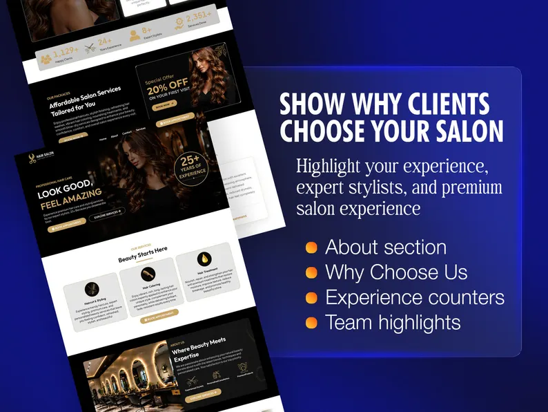 Hair Salon GoHighLevel Website Template, Luxury Dark Gold Beauty Studio Booking Site