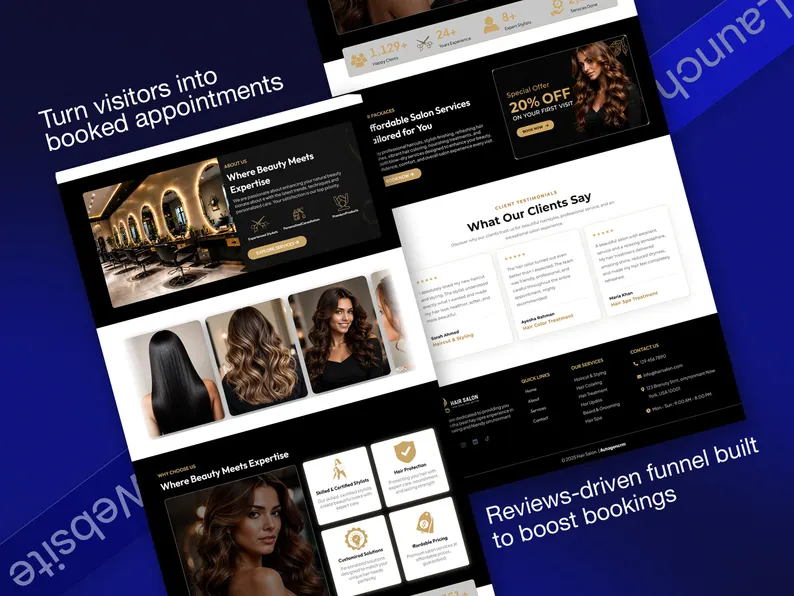 Hair Salon GoHighLevel Website Template, Luxury Dark Gold Beauty Studio Booking Site