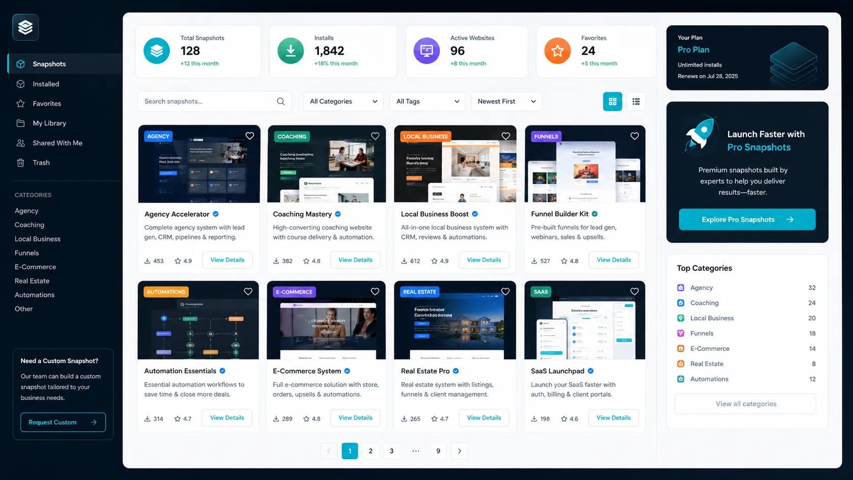GoHighLevel snapshots list inside the agency dashboard