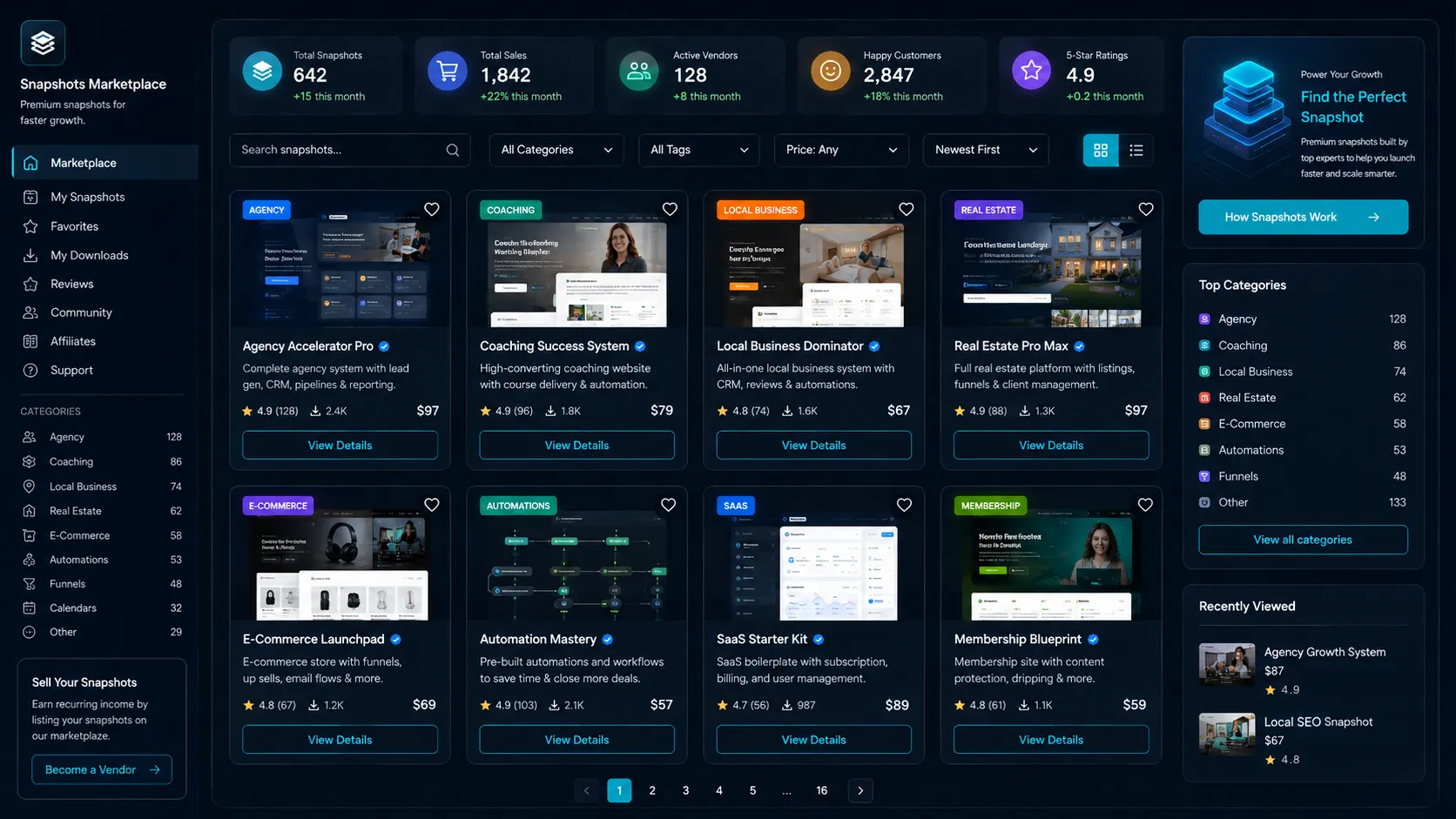 GoHighLevel snapshot marketplace listings inside the agency dashboard
