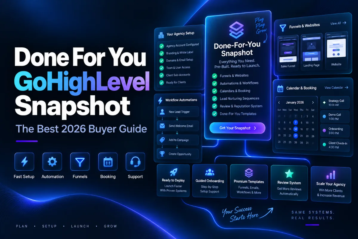 Done for you GoHighLevel snapshot with funnels, websites, automations, calendars and templates ready to launch