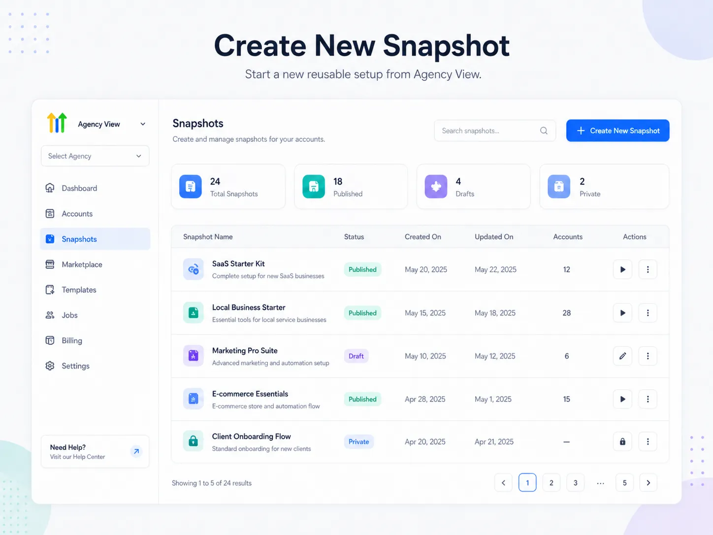 Create New Snapshot button used to create new snapshots in GoHighLevel Agency View