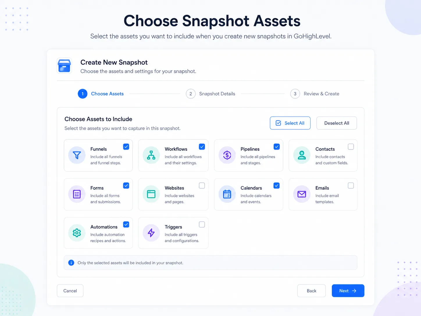 Choosing which assets to include when you create new snapshots in GoHighLevel