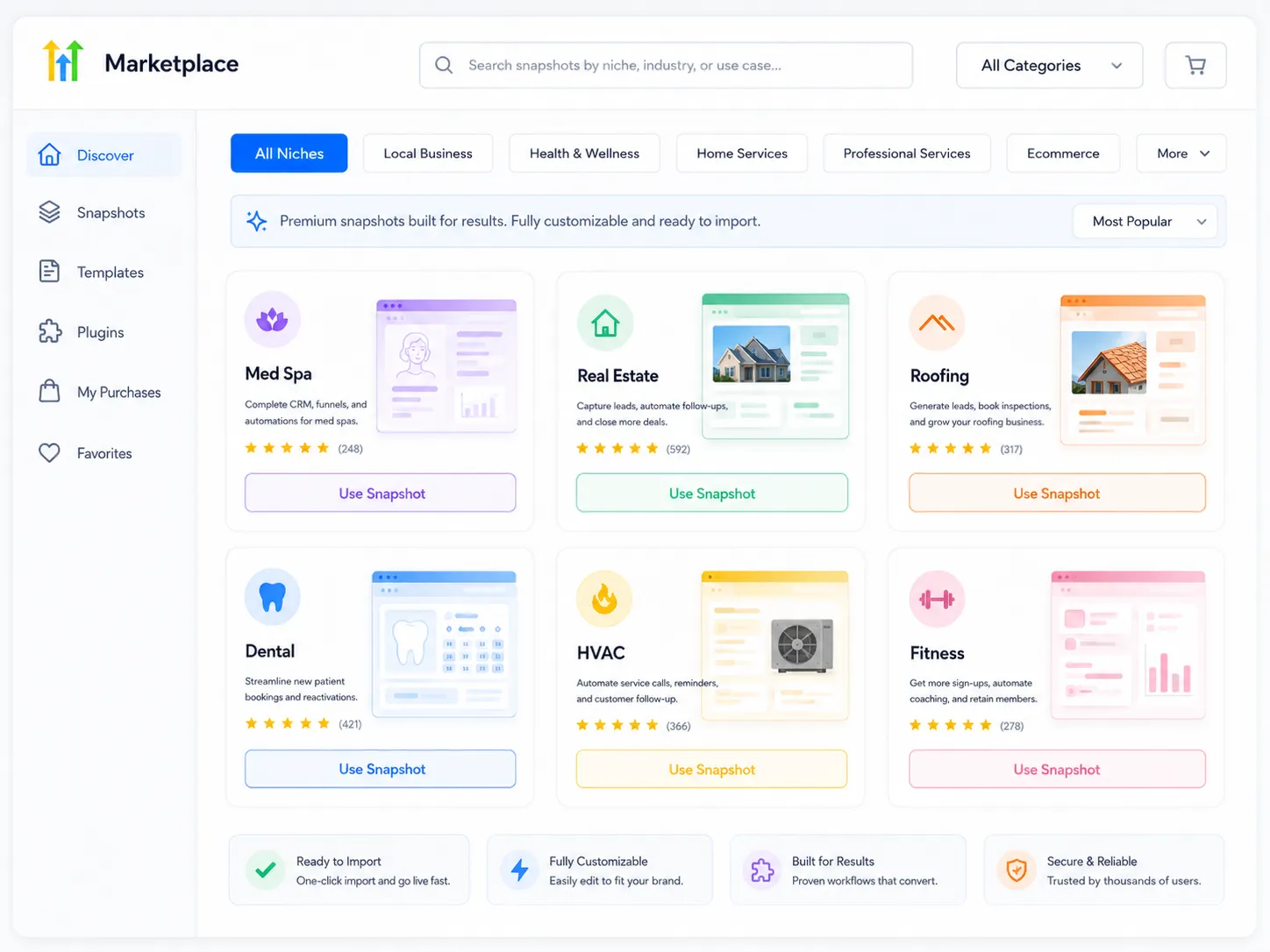Niche GoHighLevel snapshots listed in a snapshot store with prices and included assets