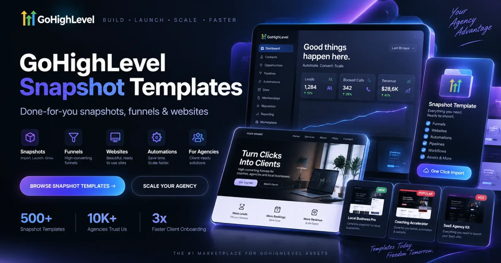 GoHighLevel snapshot templates shown as done for you snapshots, funnels and websites ready to import