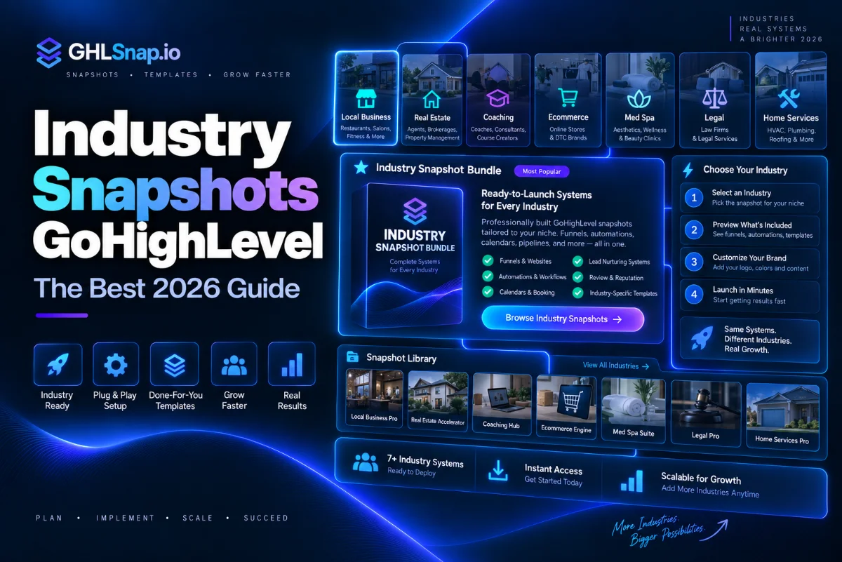 Industry snapshots GoHighLevel bundle covering local business, real estate, coaching, ecommerce, med spa, legal and home services