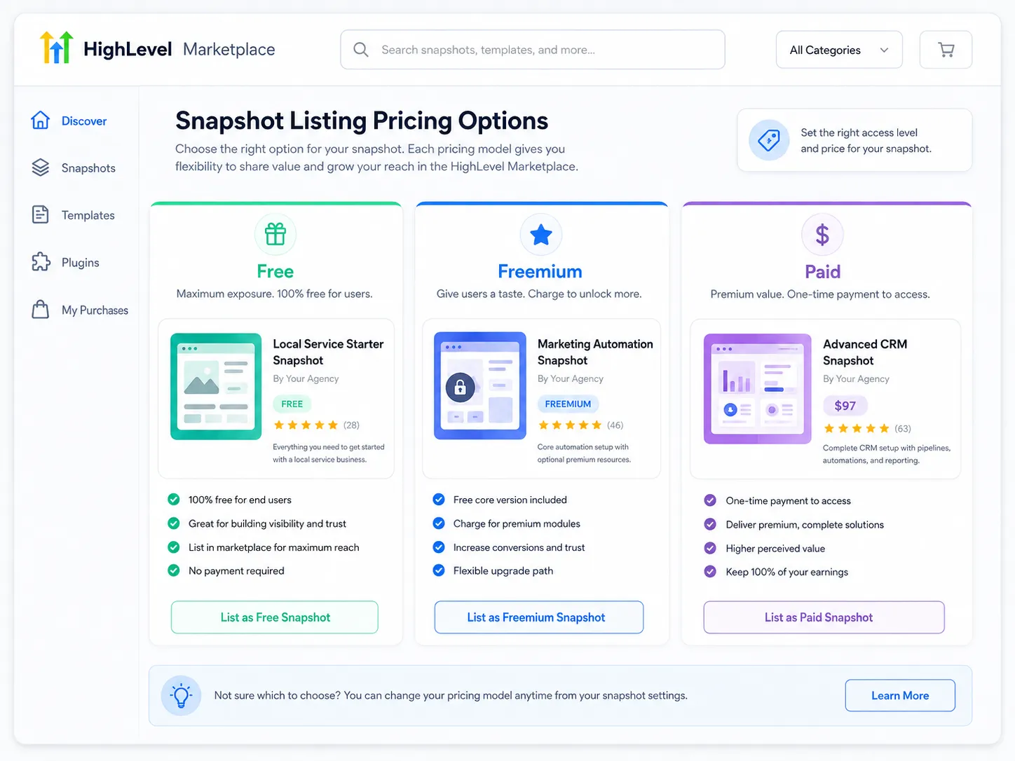 Free, freemium and paid pricing options for a snapshot listing in the HighLevel marketplace