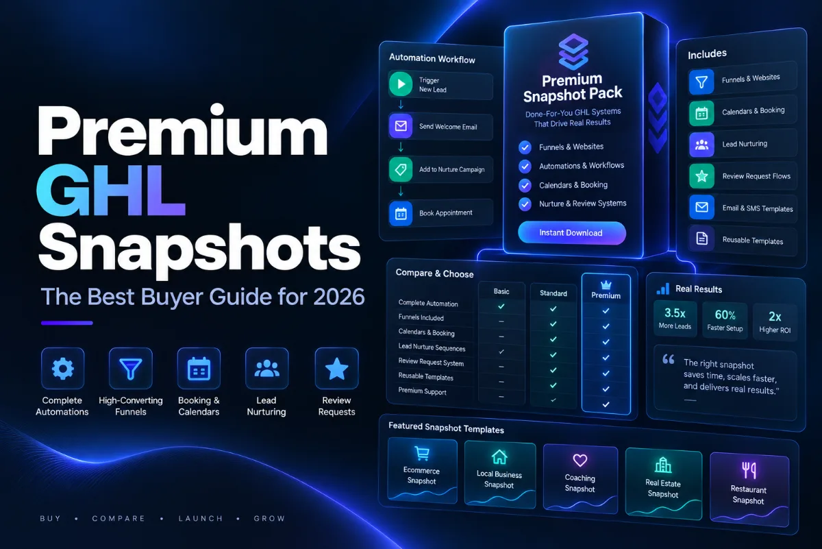 Ready made GoHighLevel snapshots library with niche snapshots for local business, coaching, ecommerce and real estate