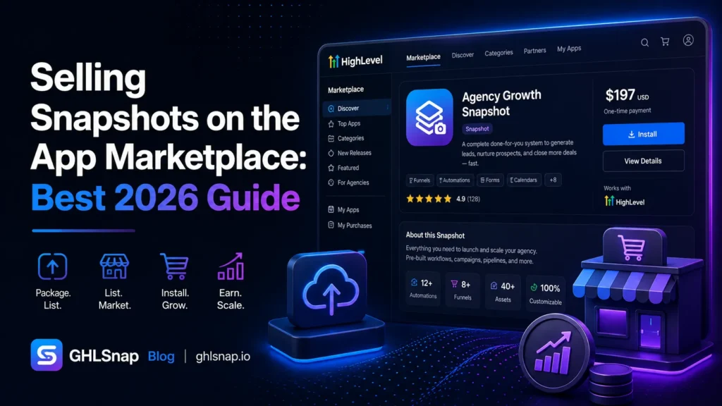 Selling snapshots on the app marketplace shown inside the HighLevel marketplace