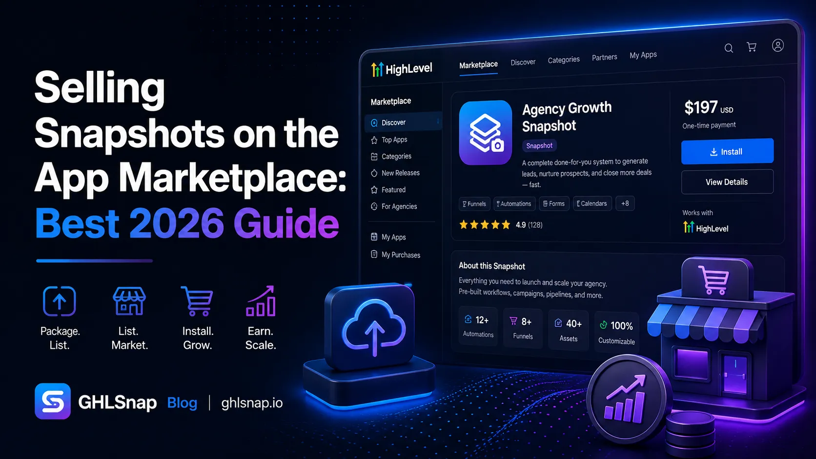 Selling snapshots on the app marketplace shown inside the HighLevel marketplace