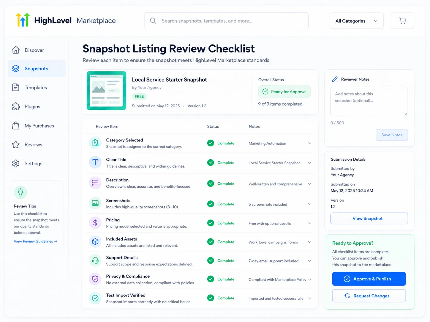 Checklist of snapshot listing details reviewed before HighLevel marketplace approval